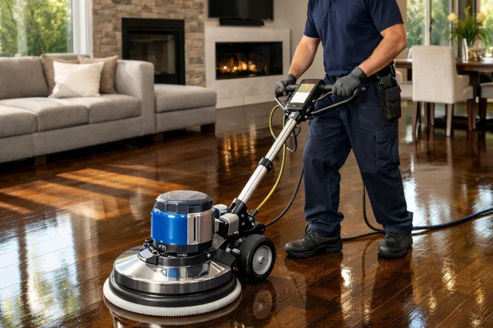 Professional worker performing expert Hardwood Floor Polishing & Maintenance Tacoma WA using a high-grade industrial buffer on a dark oak floor.