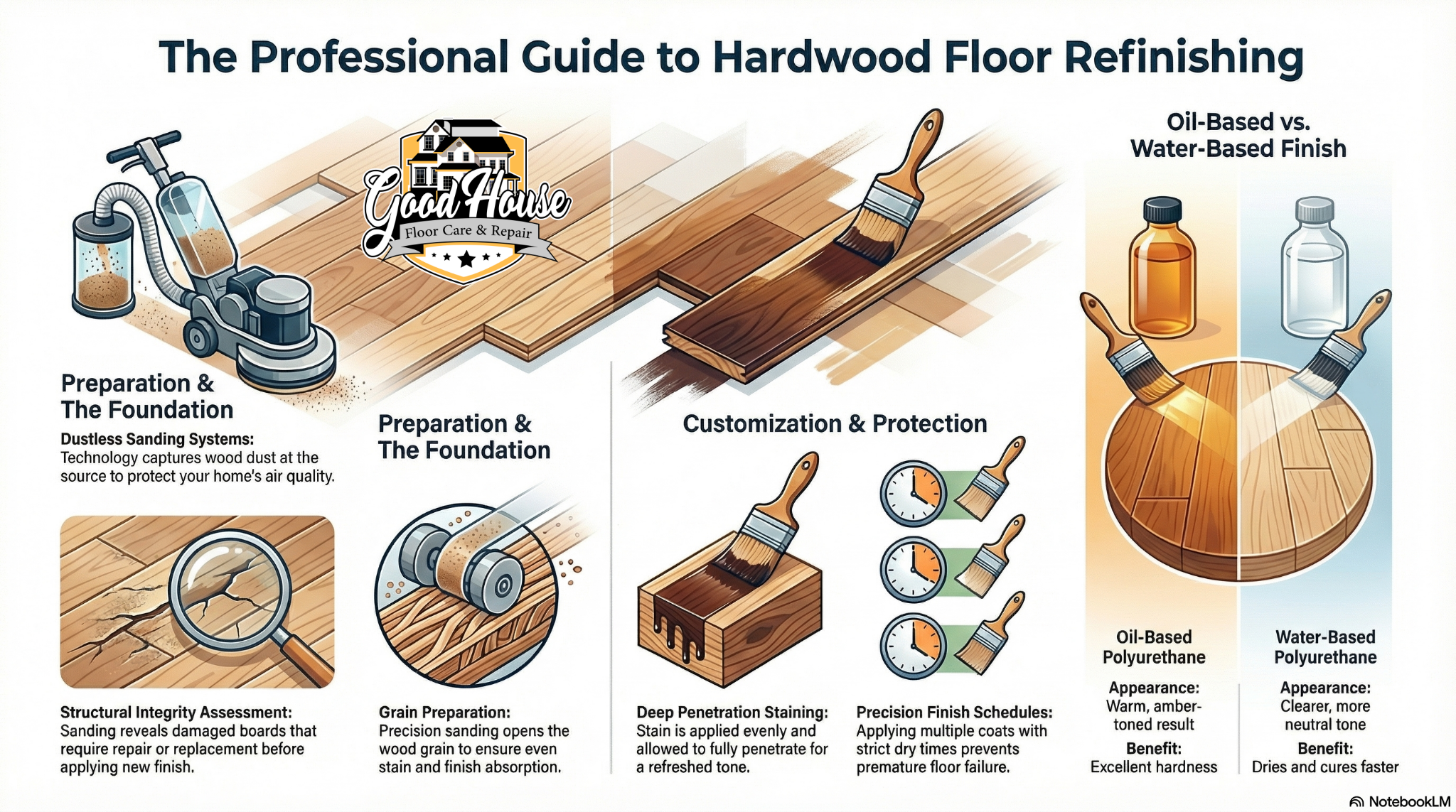 Hardwood Floor Refinishing Lenoir NC guide by Good House Floor Care showing dustless sanding, staining, and finish options.