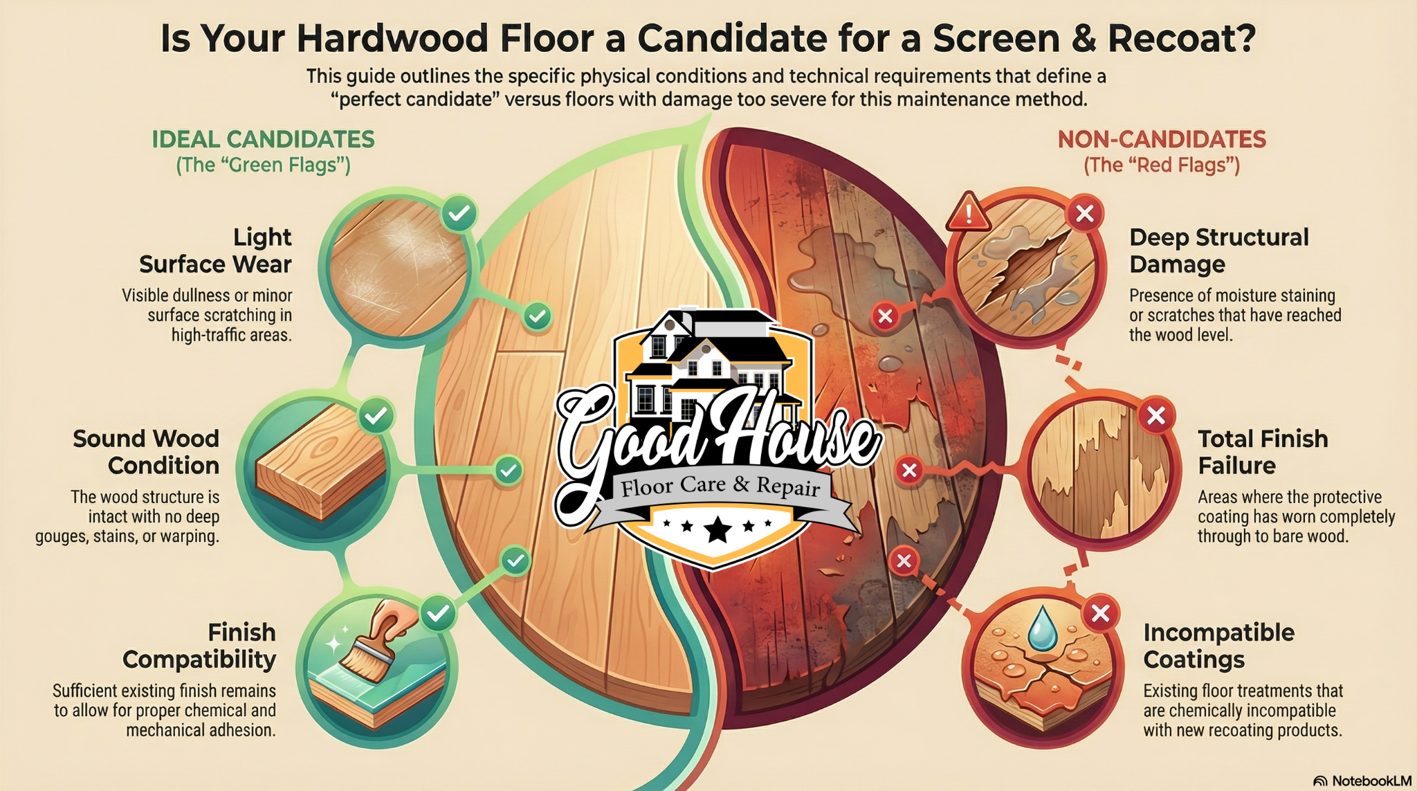 Guide for hardwood floor screen and recoat Lenoir NC by Good House Floor Care showing ideal candidates and red flag repairs.