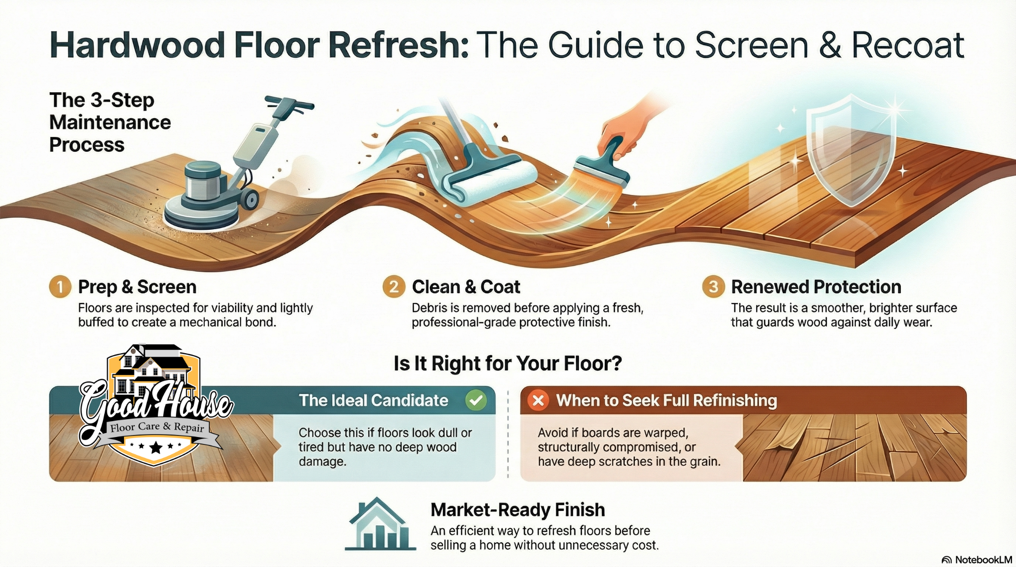 Hardwood Floor Screen and Recoat Monroe NC infographic by Good House Floor Care showing the 3-step refresh and repair guide.