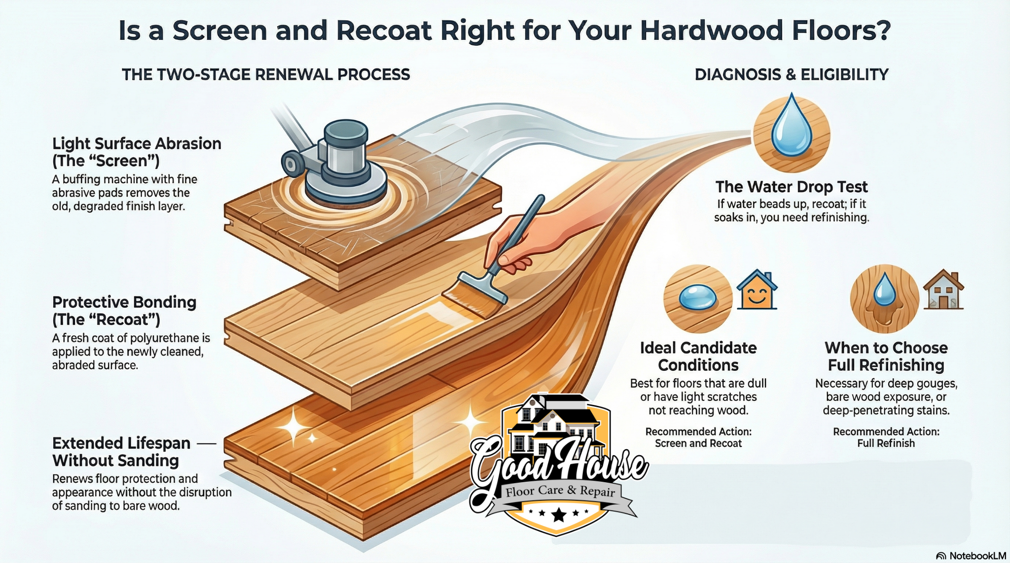 Hardwood Floor Screen and Recoat Morganton NC guide by Good House Floor Care explaining the renewal and testing process.