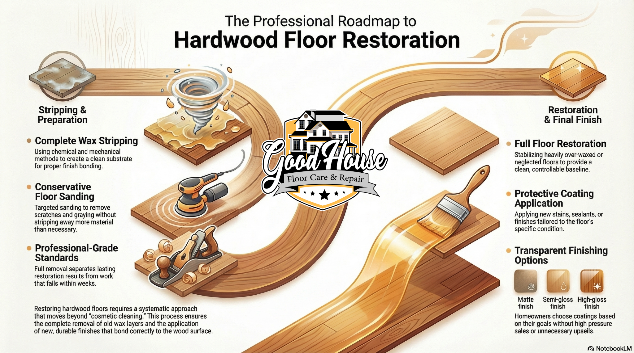 Good House Floor Care's roadmap for Hardwood Floor Wax Removal Lenoir NC, showing steps from stripping to final finish.