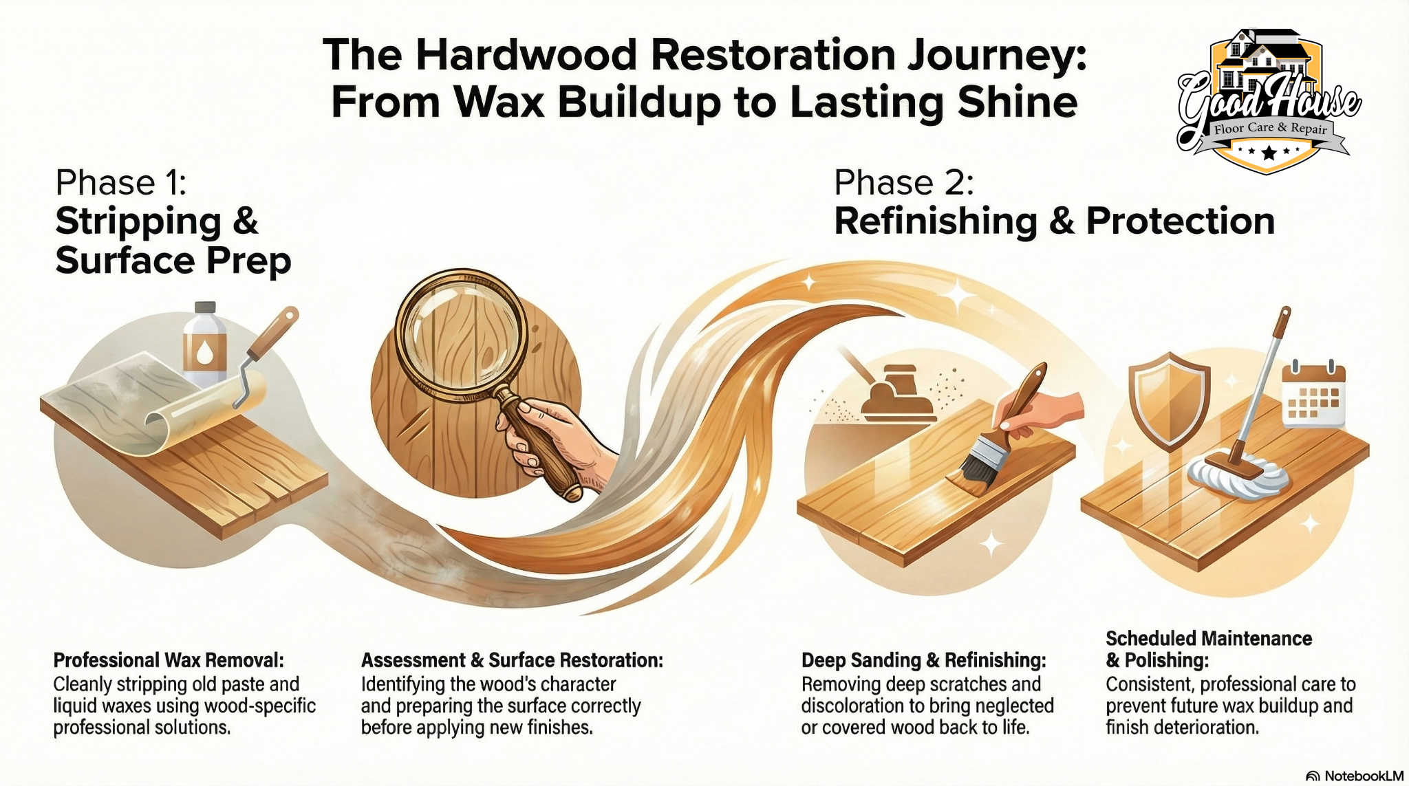 Hardwood Floor Wax Removal Monroe NC process by Good House Floor Care: a 4-step journey from buildup to lasting shine.