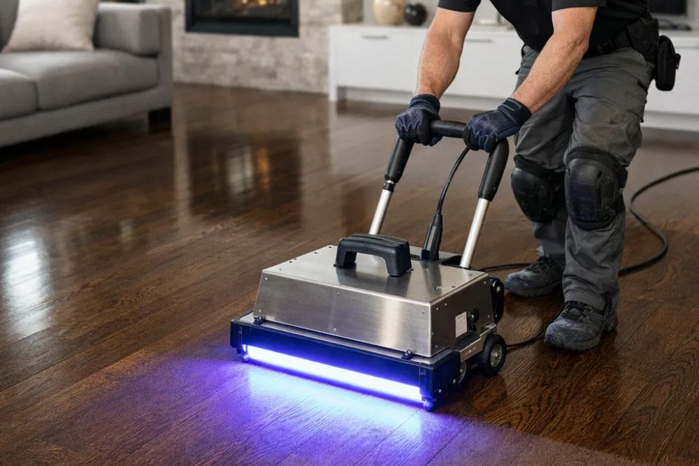 Professional technician performing Instant UV Curing Bellevue WA on dark oak hardwood floors.