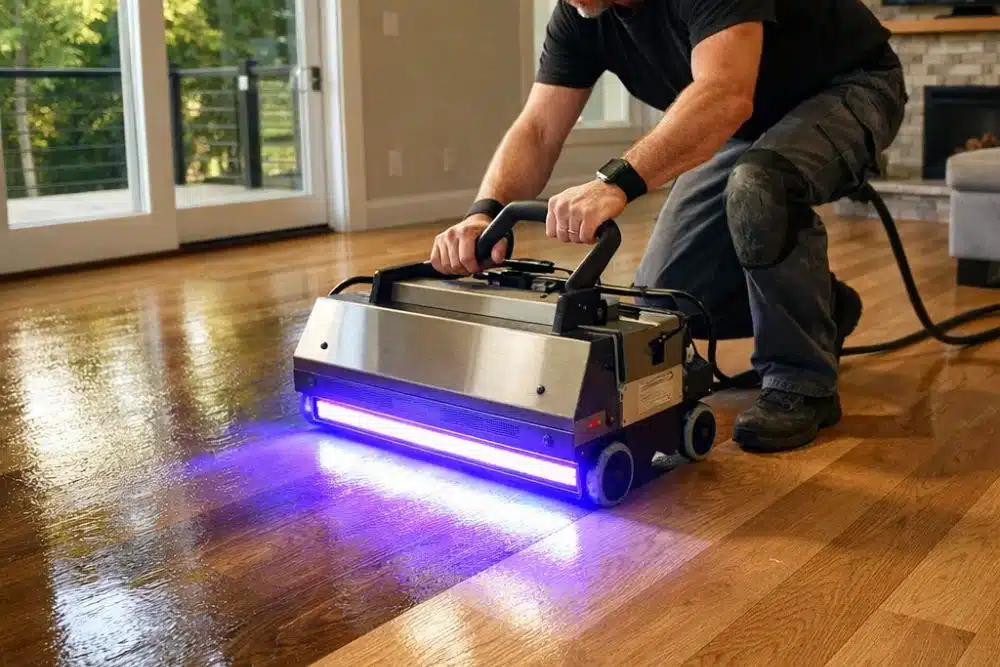 Professional applying Instant UV Curing to hardwood floor in Issaquah WA.