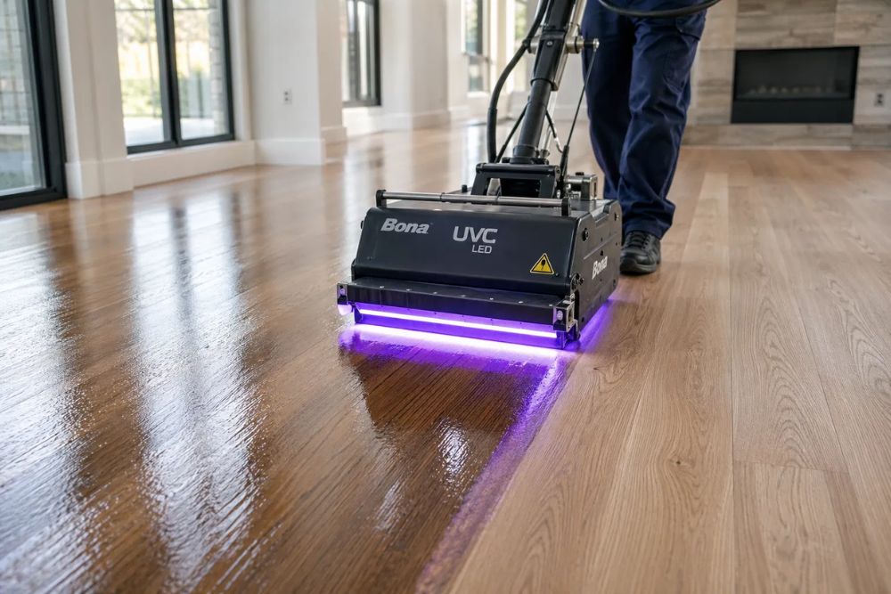 Hardwood floor Instant UV Curing in Lynnwood WA with a professional machine.