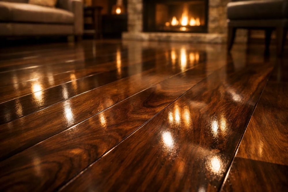 Close-up of a gleaming dark walnut hardwood floor in Seattle, expertly treated with Instant UV Curing for a durable, luxurious finish.