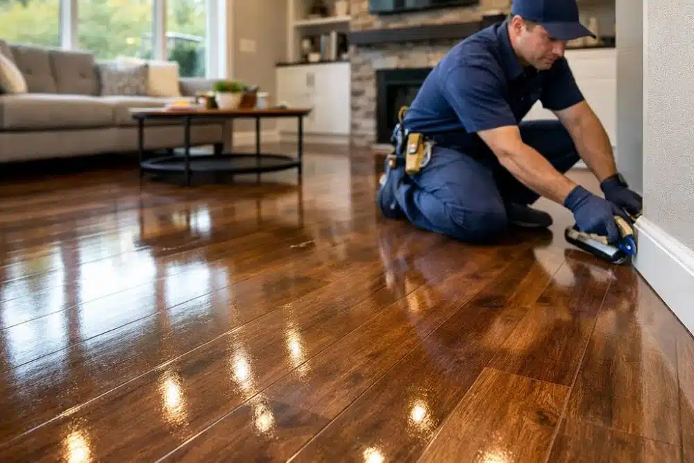 Technician applying protective finish to a gleaming LVT floor in a modern Issaquah, WA living room.