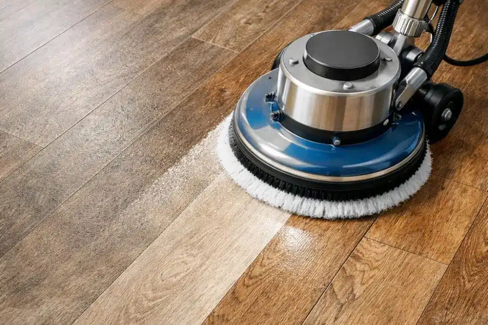 Professional LVT deep cleaning machine restoring a wood-look luxury vinyl tile floor in Issaquah, WA.