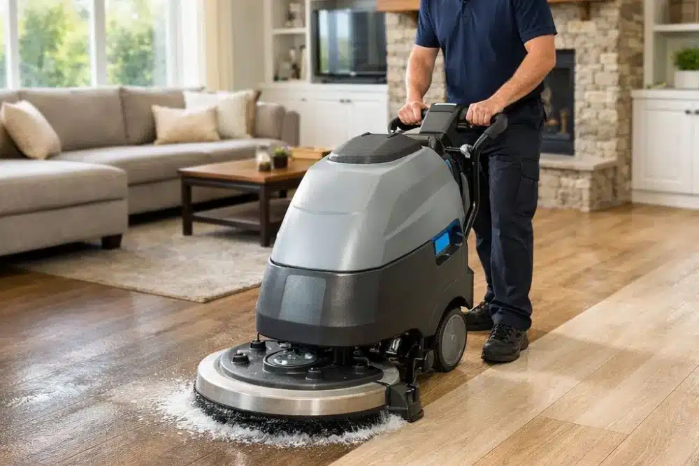 Professional technician performing LVT deep clean in Seattle WA with advanced floor scrubbing machine, showing before and after results on luxury vinyl tile.