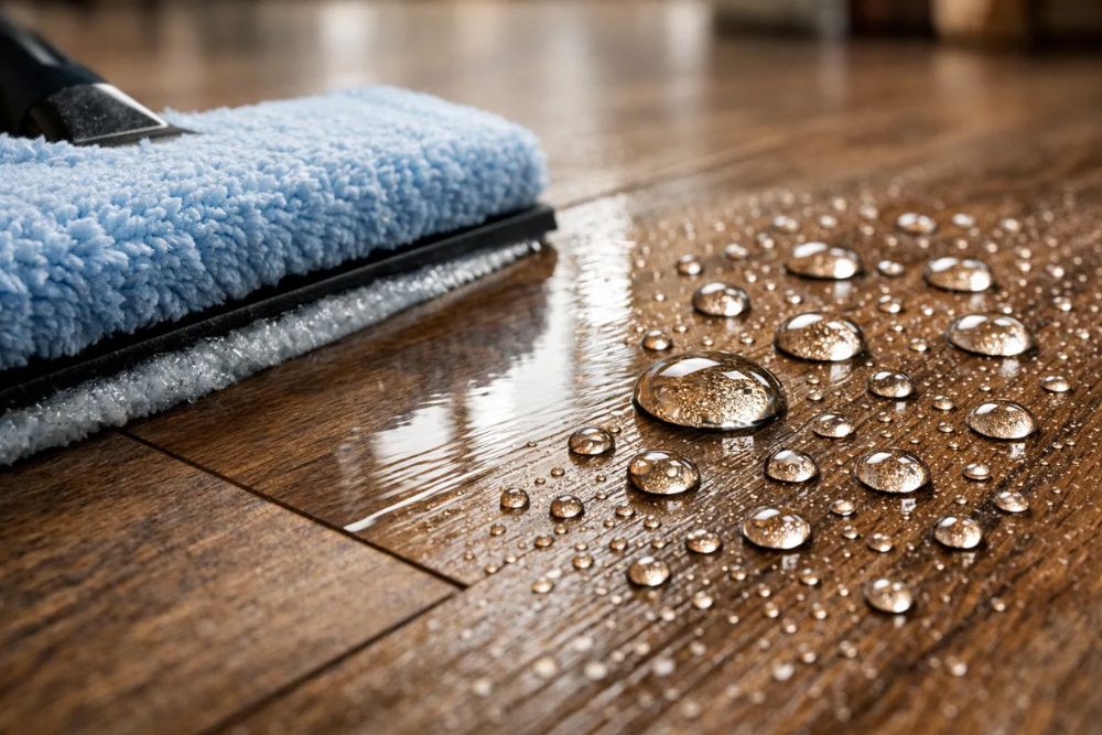 LVT Deep Clean & Protect Tacoma WA, close-up of water beading on protected luxury vinyl tile floor.