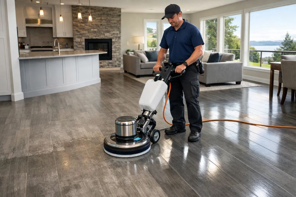 Professional LVT Deep Clean & Protect in Tacoma WA, technician cleaning luxury vinyl tile floor with specialized machine.