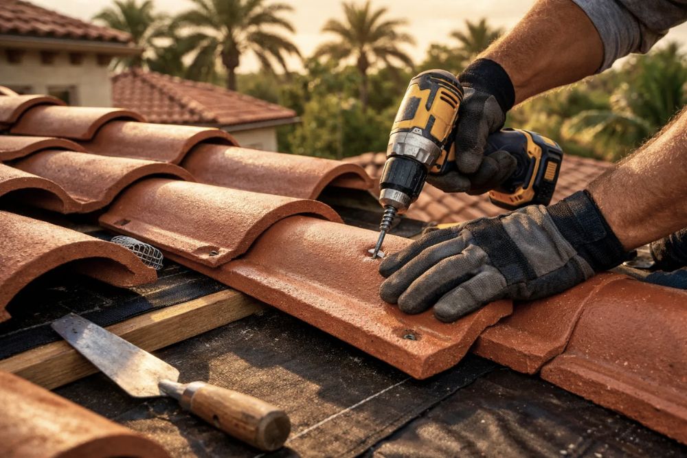 Detailed view of residential roof installation Coral Springs FL with Mediterranean clay tiles.