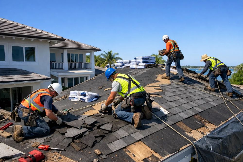 Professional crew performing a Residential Roof Replacement Boca Raton on a modern home.
