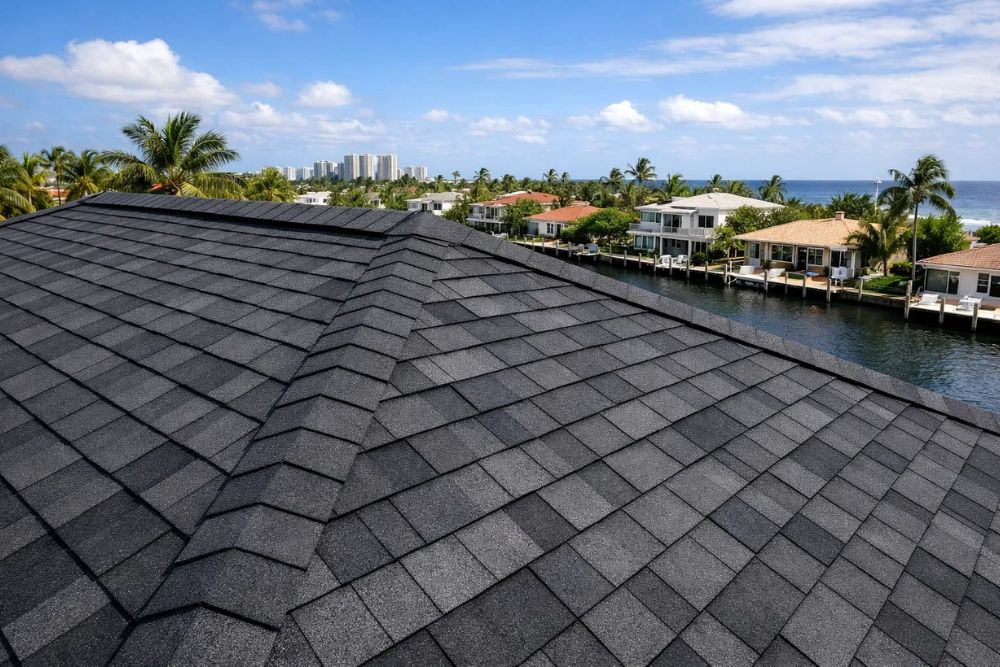 Close-up view of a high-quality finished Residential Roof Replacement Pompano Beach FL with architectural shingles.