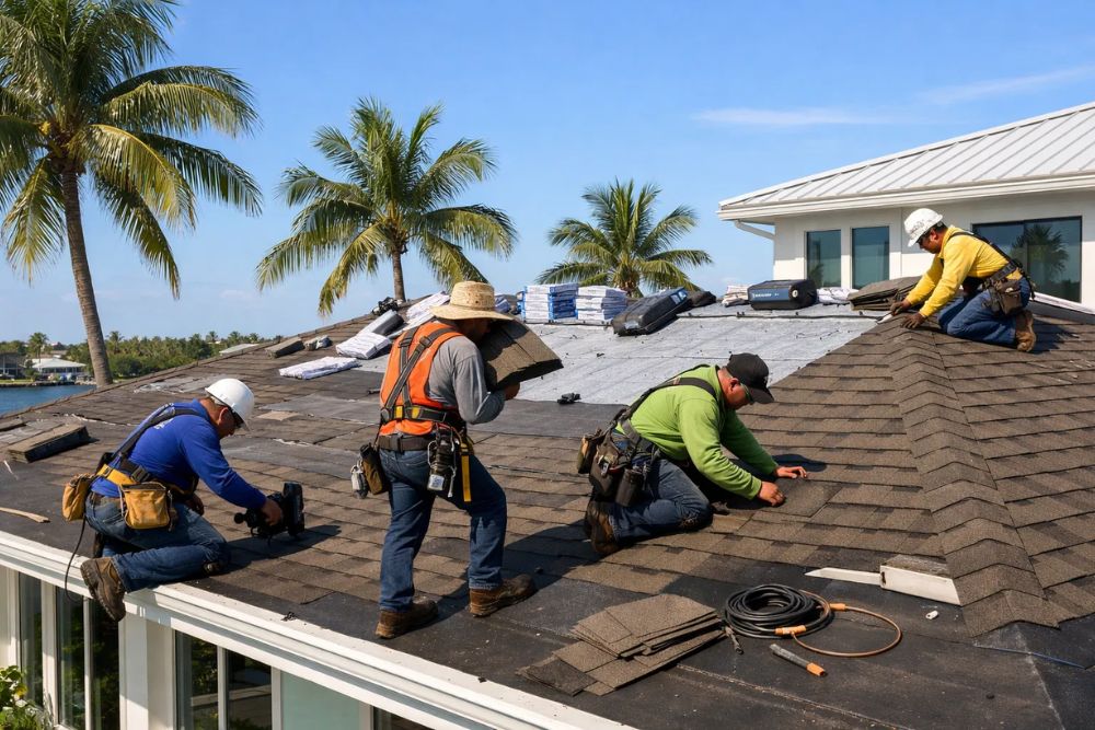 Professional roofing contractors performing a Residential Roof Replacement Pompano Beach FL on a modern coastal home.