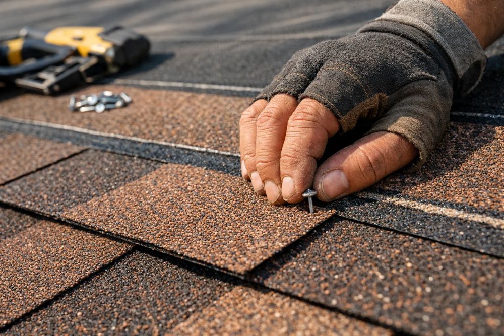 Close-up of Residential Roofing Installation West Palm Beach - Roofer securing asphalt shingles.