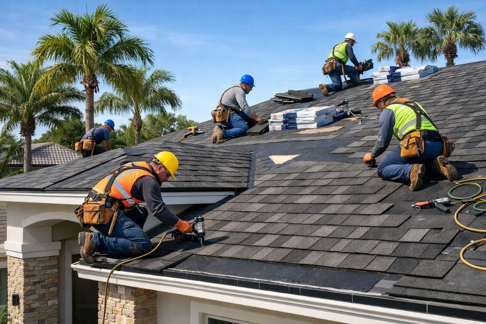 Residential Roofing Installation West Palm Beach - Professional crew installing new shingles on a suburban home with palm trees.