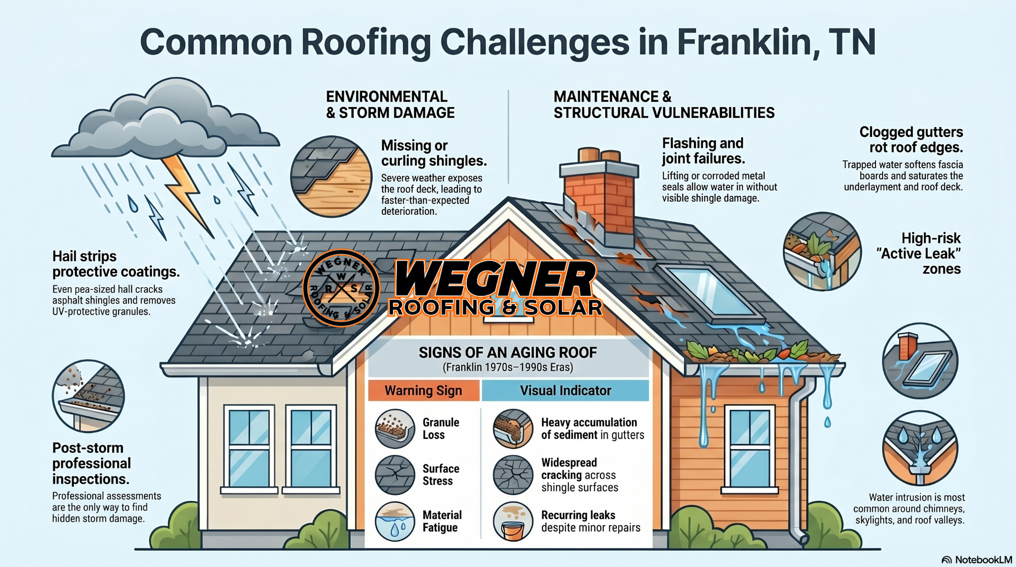 Infographic of Common Roofing Challenges for Roof Repair Franklin TN by Wegner Roofing & Solar, showing storm and aging signs.