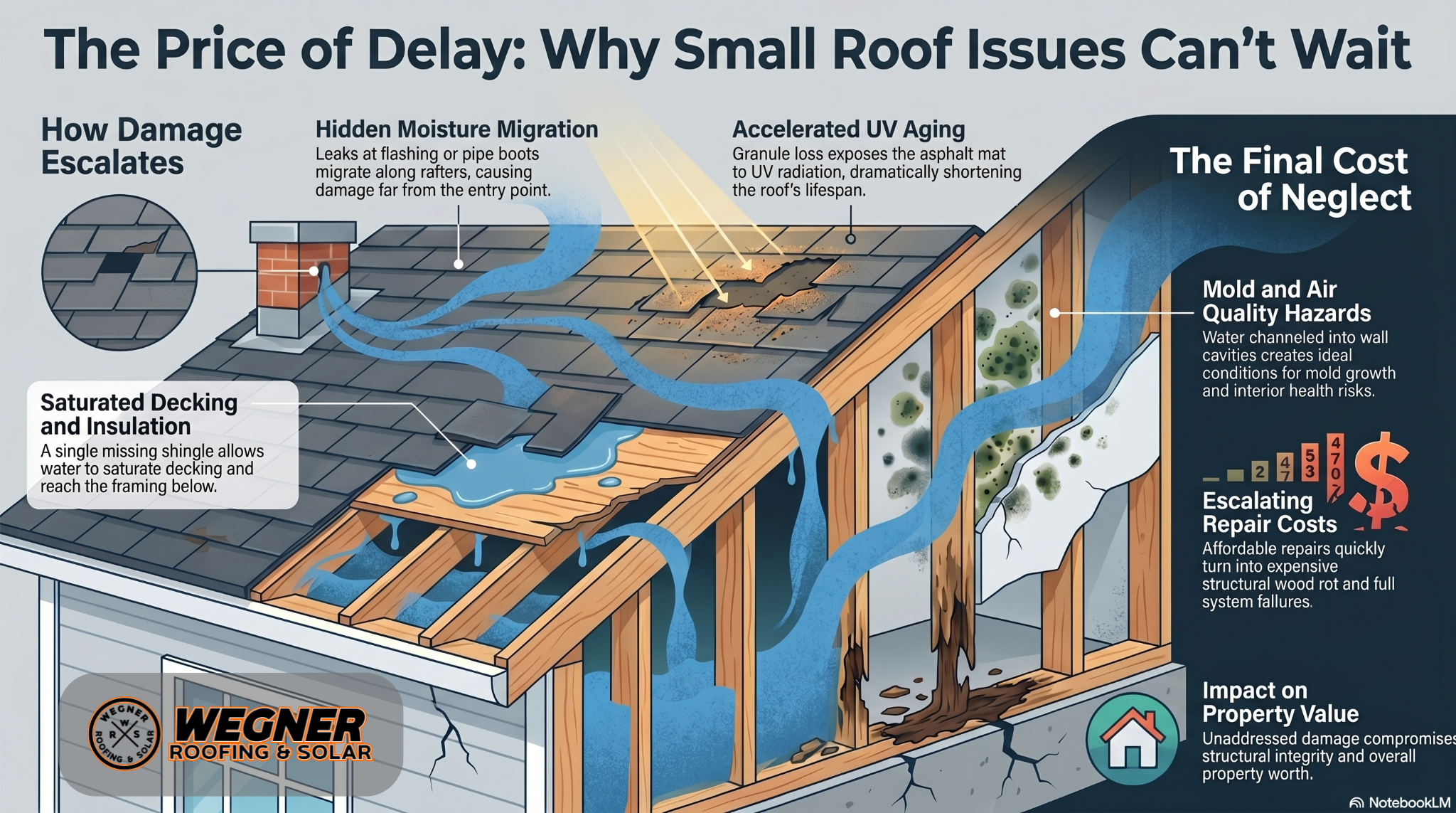 Roof Repair Nashville TN by Wegner Roofing & Solar. A professional is shown here inspecting a roof after identifying a potential leak and marking several points of interest with chalk, indicating the need for immediate roof repair to prevent escalating water damage issues as explained in our detailed infographic.
