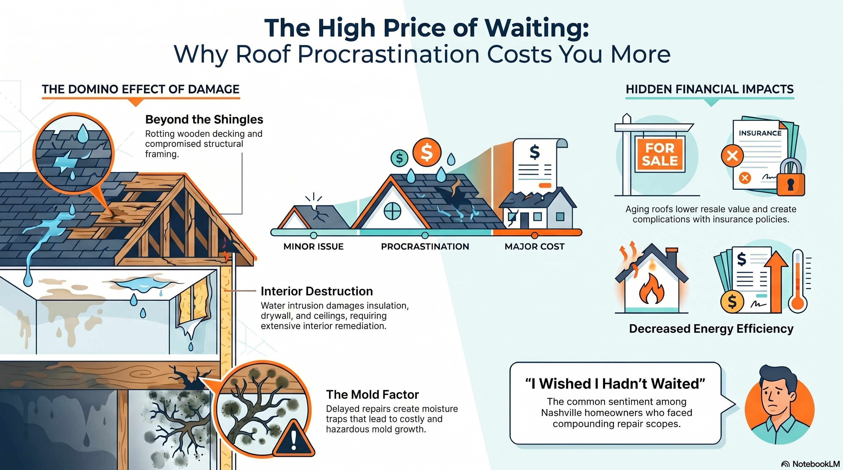 Infographic details the financial risks of delaying Roof Replacement in Nashville, TN, presented by Wegner Roofing & Solar.