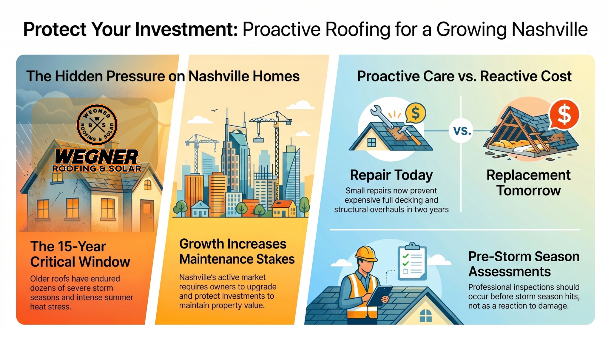Infographic on proactive care by Wegner Roofing & Solar, the expert roofers Nashville TN trusts for home protection.