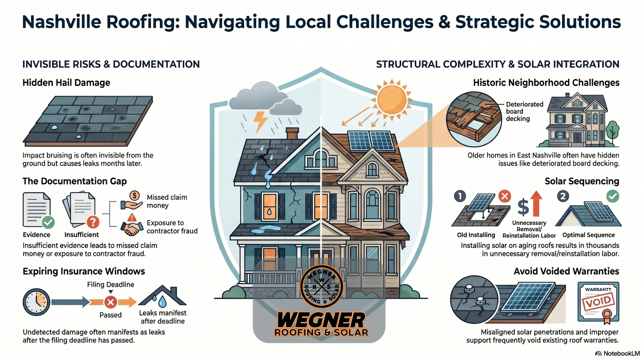 An infographic about Roofing Companies Nashville TN by Wegner Roofing & Solar highlighting hidden hail damage and solar sequencing.