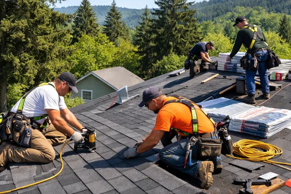 Professional Roofing Contractor Eugene team installing high-quality asphalt shingles on a residential home.