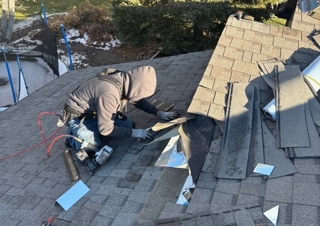 Expert Roofing Contractor Franklin TN Wegner Roofing & Solar technician repairing shingles and flashing on a residential home.