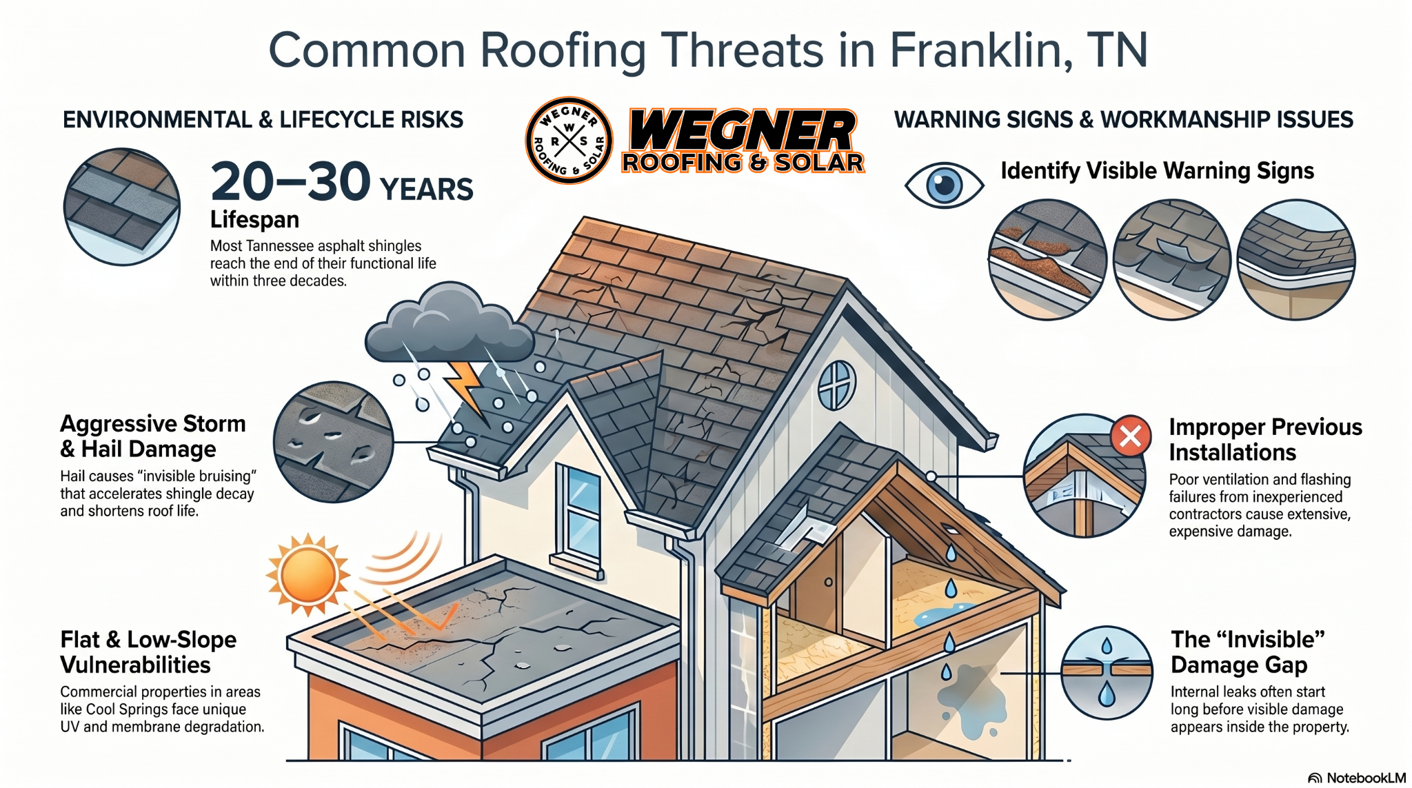 Roofing Contractor Franklin TN Wegner Roofing & Solar infographic showing common roof threats and asphalt shingle lifespan.