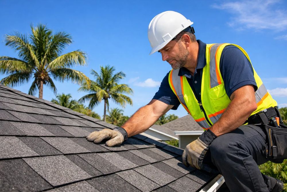 Professional Roofing Contractor Riviera Beach FL inspecting asphalt shingles on a residential roof under palm trees.