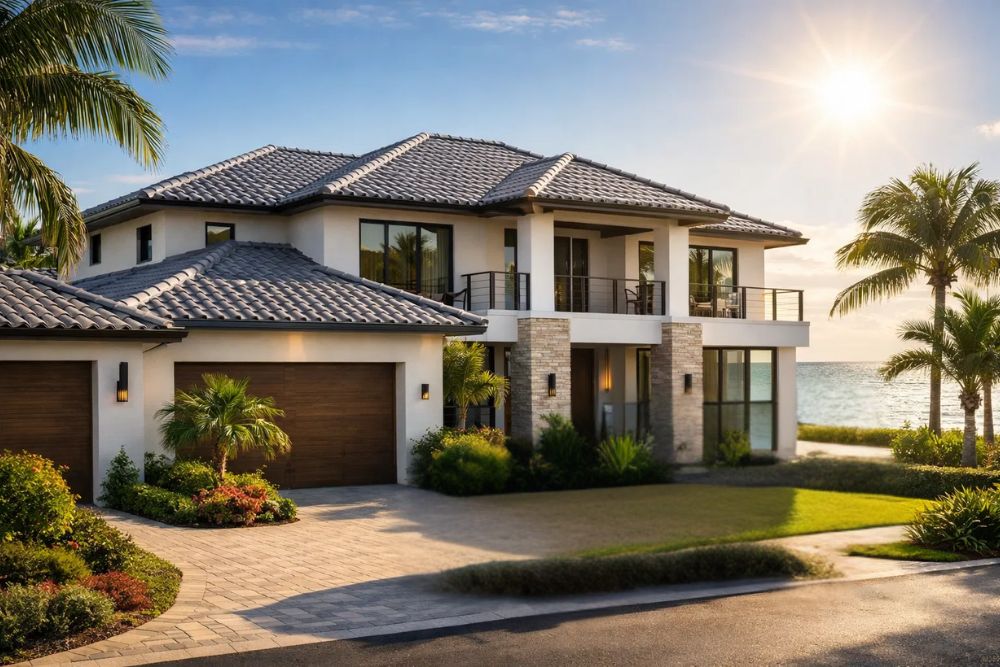 Modern coastal home with a new tile roof and a professional Roofing Contractor Riviera Beach FL service truck.