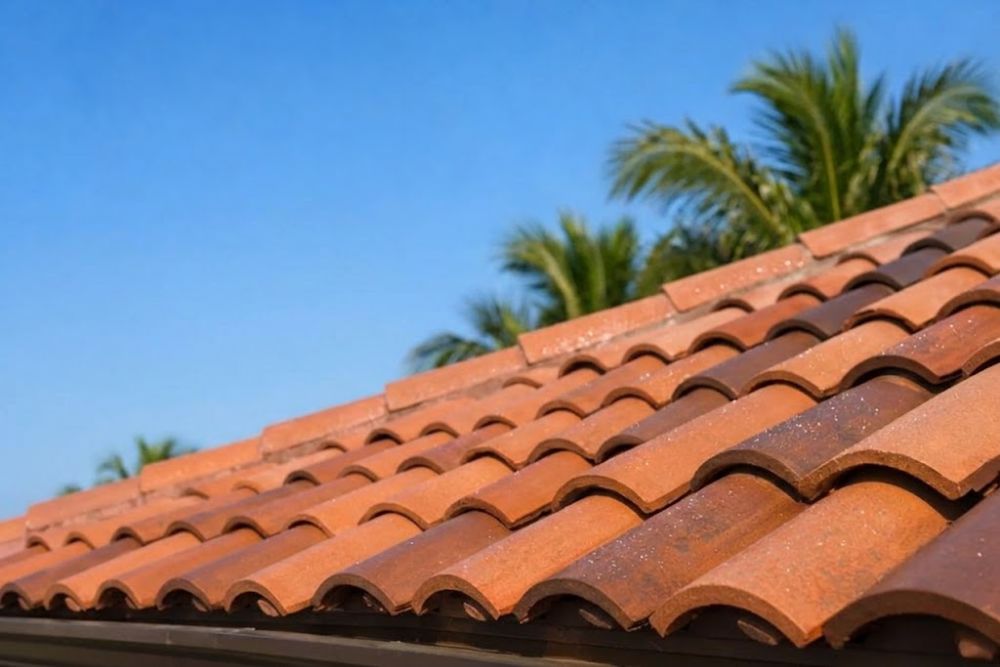 Clay tile roof with dark smoke rising against a blue sky, illustrating a fire damage situation that requires an emergency Roofing Contractor West Palm Beach FL.
