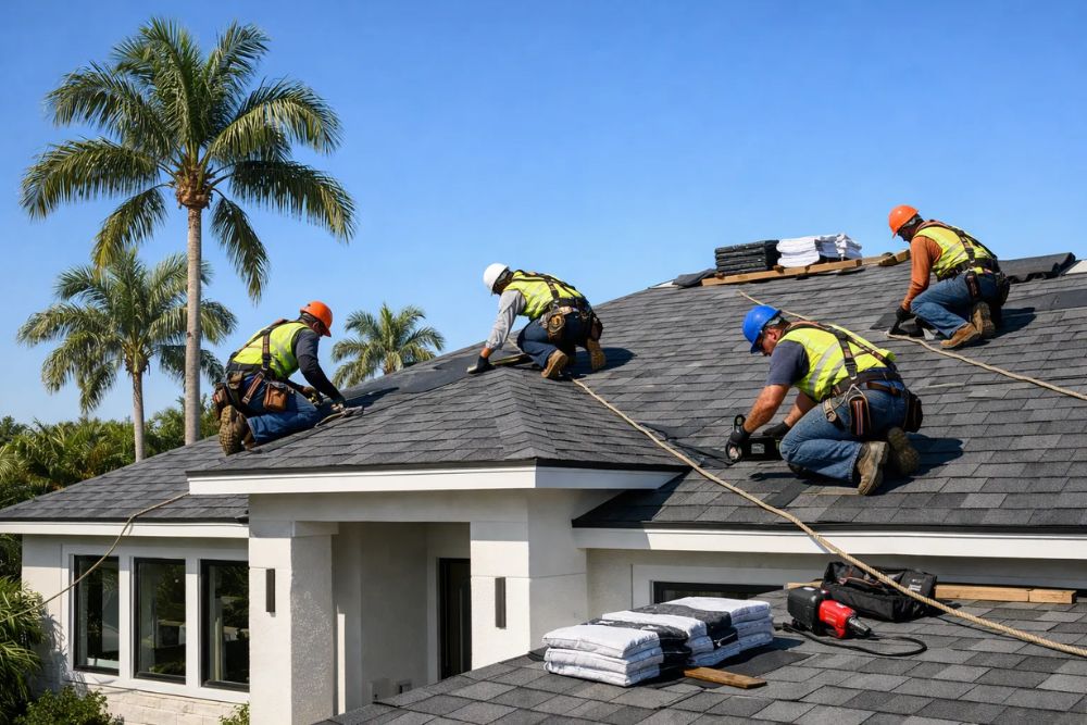 Professional roofing contractor West Palm Beach FL crew installing high-quality asphalt shingles on a residential home.