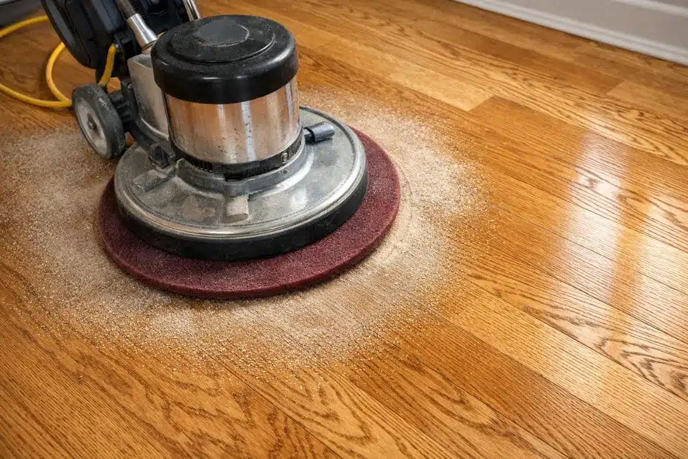 Professional hardwood floor buffing as part of a screen and recoat Issaquah WA service.