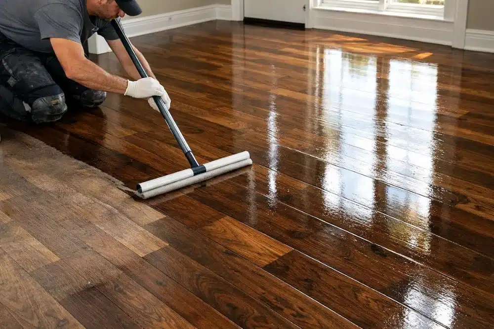 Technician applying a fresh topcoat during a screen and recoat Issaquah WA project.