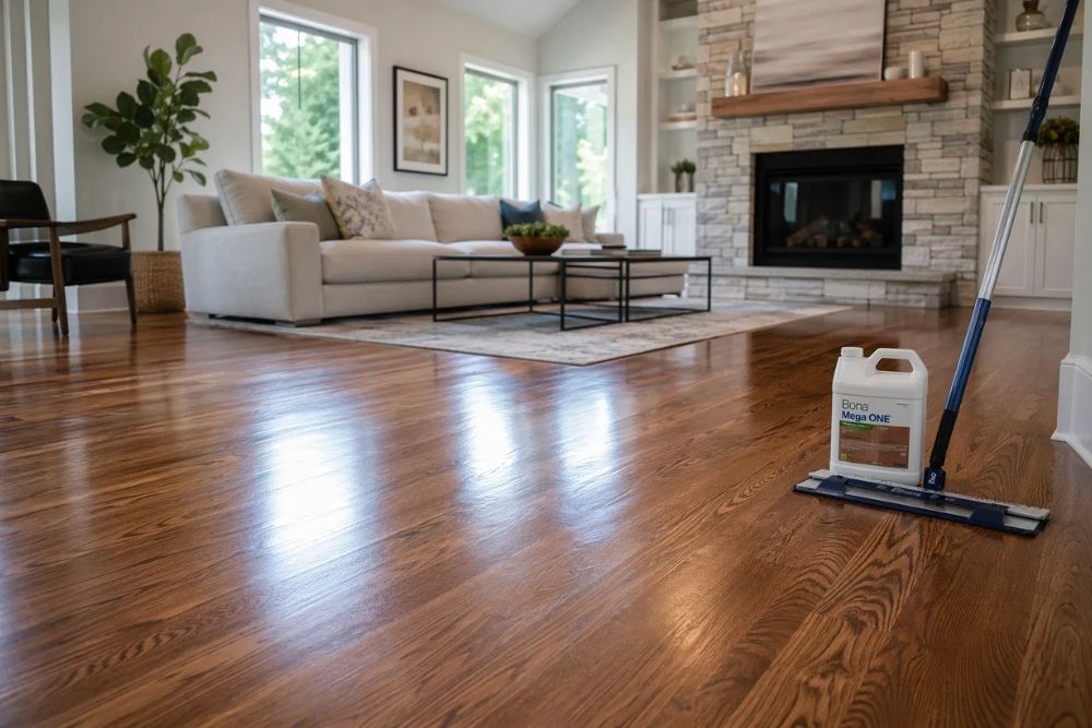 Beautifully recoated hardwood floors reflecting light in a modern living room after Hardwood Floor Polishing & Maintenance Lynnwood WA service.