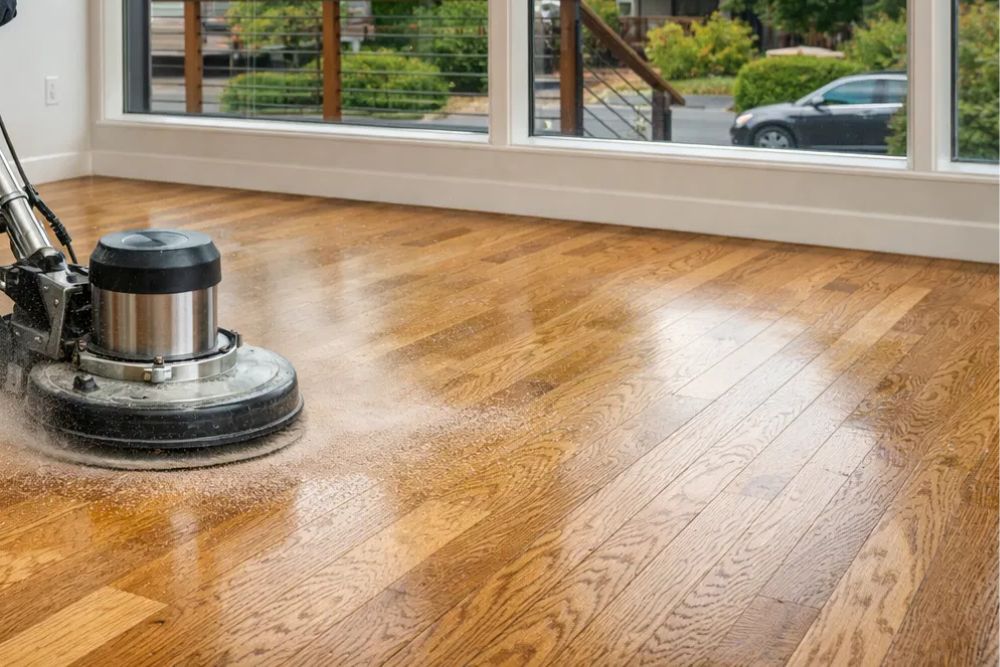 Professional technician performing a hardwood floor screen and recoat Seattle WA to restore wood shine.