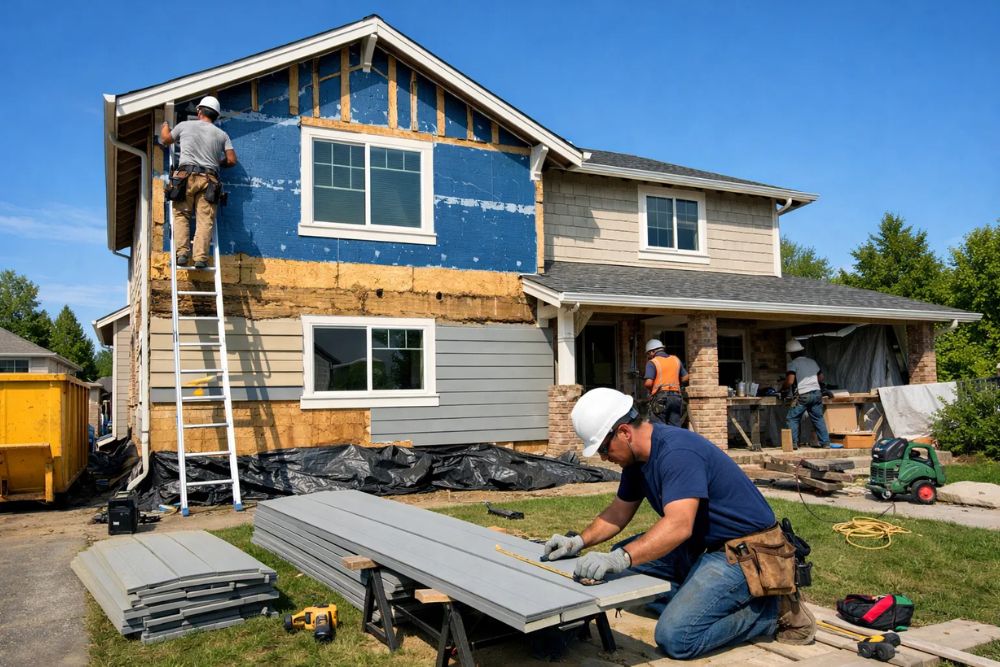 A team of professional siding contractors performing a full siding repair and replacement on a two-story home.
