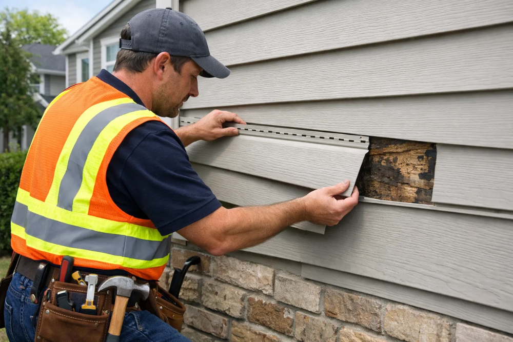 Professional siding repair technician installing new vinyl siding on a residential home.