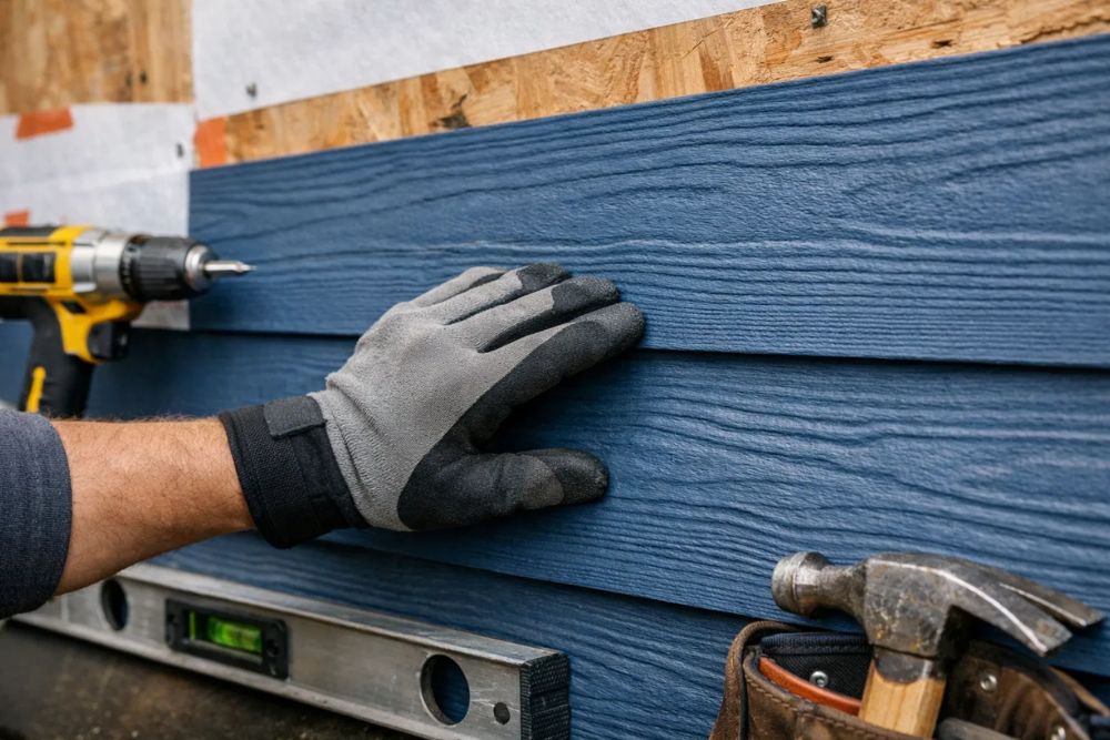 Professional contractor installing blue fiber cement siding panels on a house in Myrtle Creek, OR.