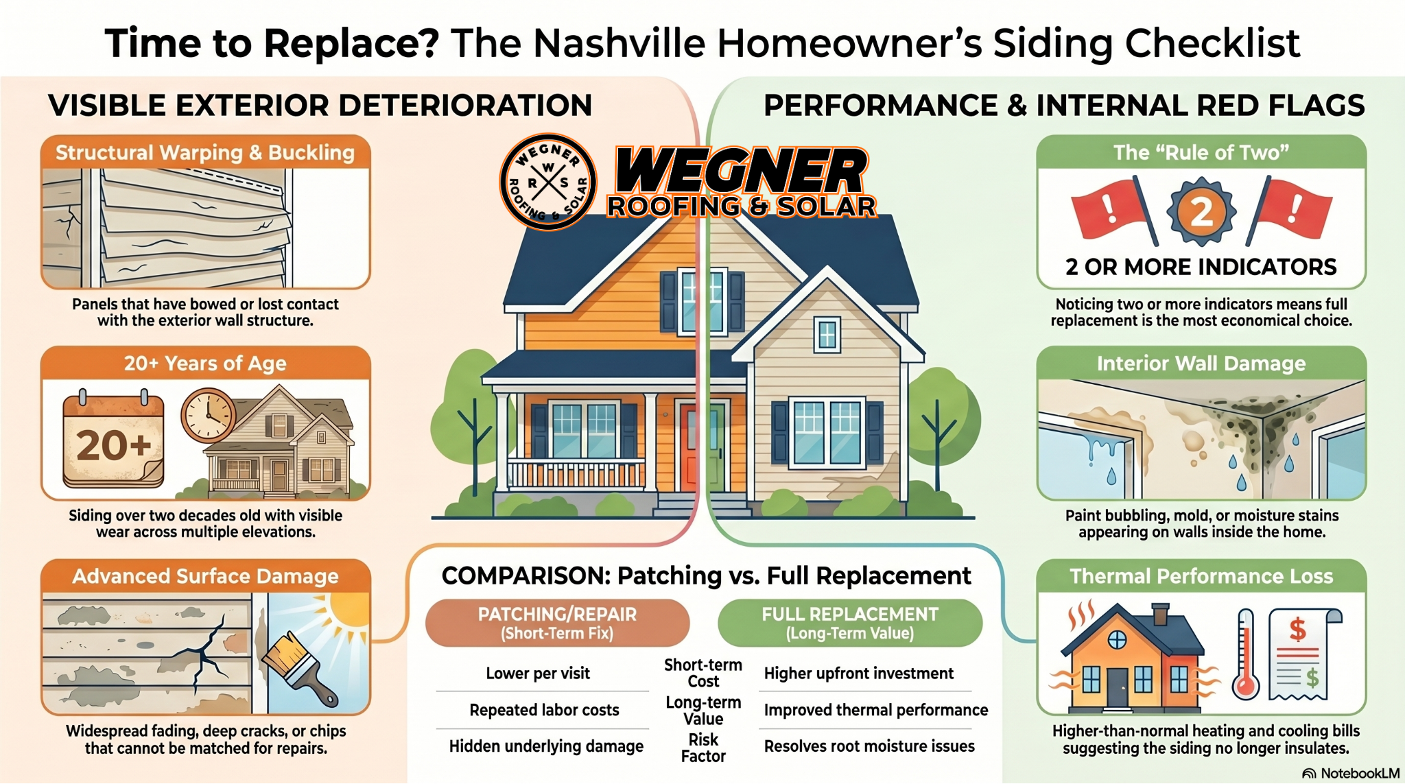 Siding Replacement Nashville TN checklist by Wegner Roofing & Solar showing signs like warping and high energy bills.