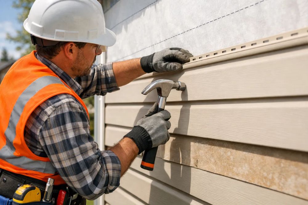 Professional contractor installing new vinyl siding during a Siding Replacement Winston, OR project.