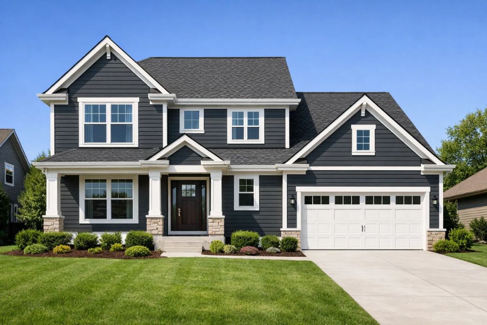 A beautiful residential home with new dark gray horizontal siding, illustrating a professional Siding Replacement Winston, OR project.