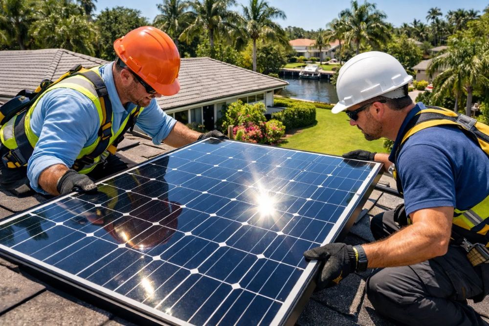 Expert technicians performing a Solar Installation North Palm Beach FL on a residential rooftop under the Florida sun.