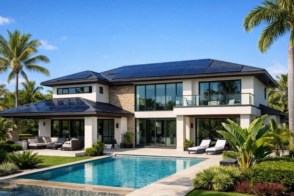 Modern luxury home with a finished Solar Installation Wellington FL integrated into the roof architecture.