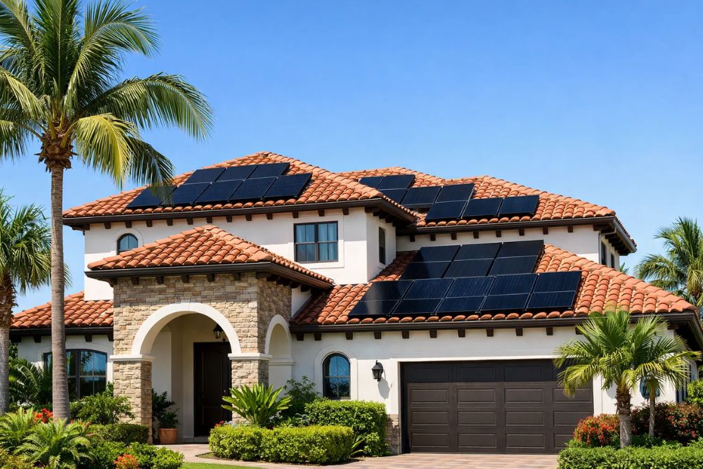 Solar Installation Wellington FL - Modern home with sleek black solar panels on a tiled roof.