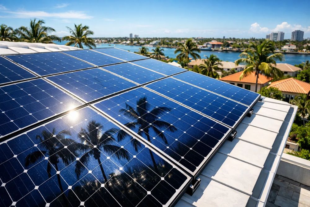 Close-up of newly installed high-efficiency solar panels reflecting West Palm Beach skyline.