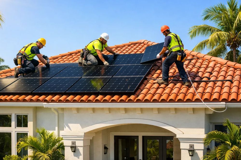 Professional solar installation on a West Palm Beach home with terracotta roof, ensuring efficient energy.