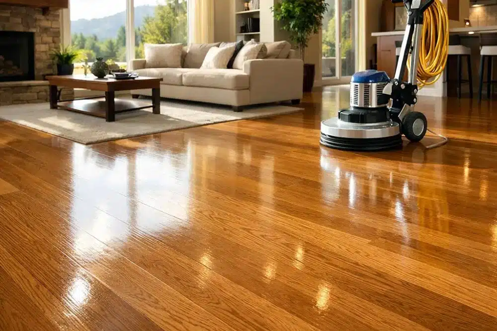 Beautifully restored hardwood floors in a living room after professional wax removal, with a floor polishing machine in the background.